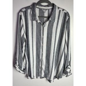 Orvis‎ Womens Plus Size XXL Blue Striped Linen Blend Roll Tab Button Down Shirt
